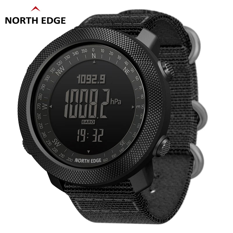 Relógio esportivo digital masculino NORTH EDGE com horímetro, função de corrida e natação, estilo militar, altímetro, barômetro e bússola, à prova d'água até 50 metros.