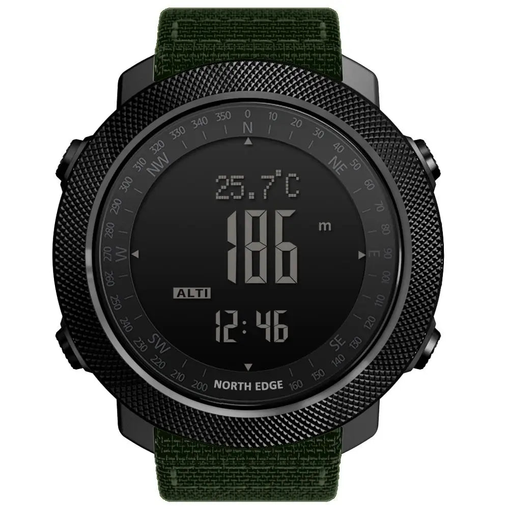 Relógio esportivo digital masculino NORTH EDGE com horímetro, função de corrida e natação, estilo militar, altímetro, barômetro e bússola, à prova d'água até 50 metros.
