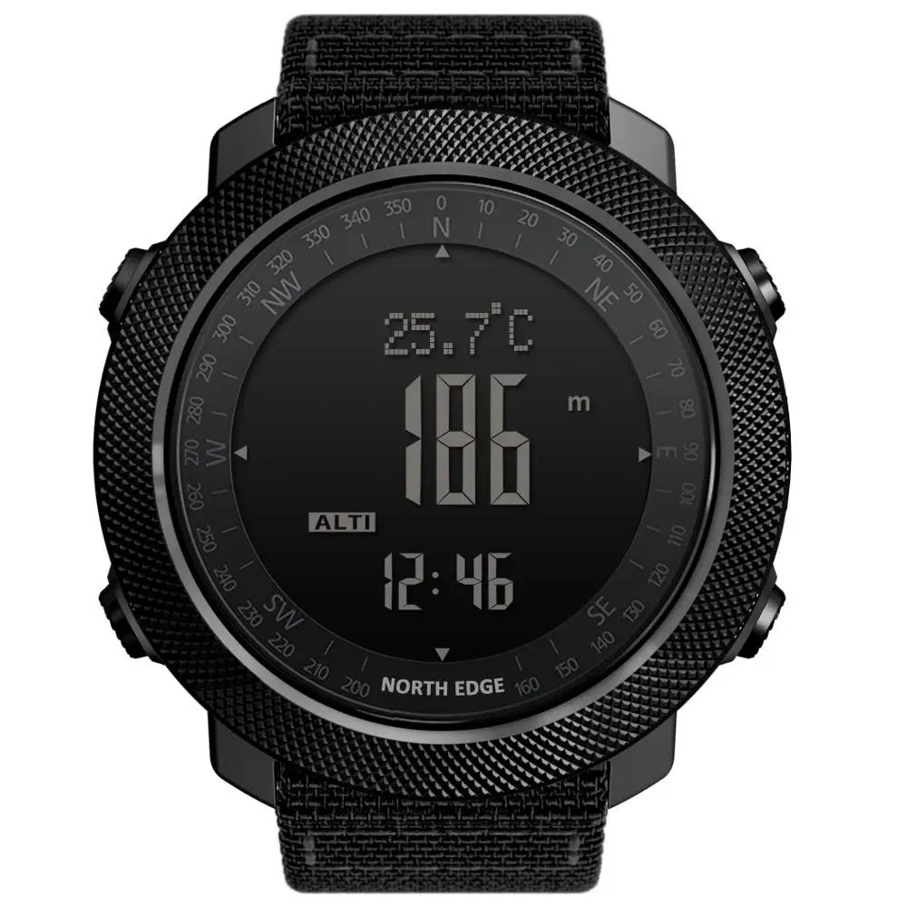 Relógio esportivo digital masculino NORTH EDGE com horímetro, função de corrida e natação, estilo militar, altímetro, barômetro e bússola, à prova d'água até 50 metros.
