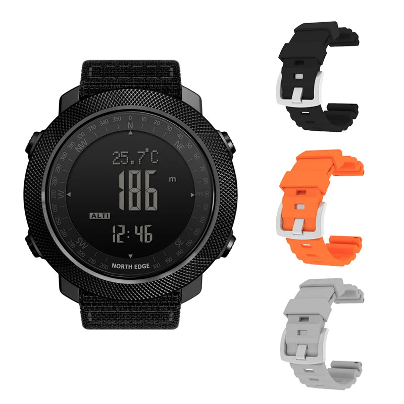 Relógio esportivo digital masculino NORTH EDGE com horímetro, função de corrida e natação, estilo militar, altímetro, barômetro e bússola, à prova d'água até 50 metros.