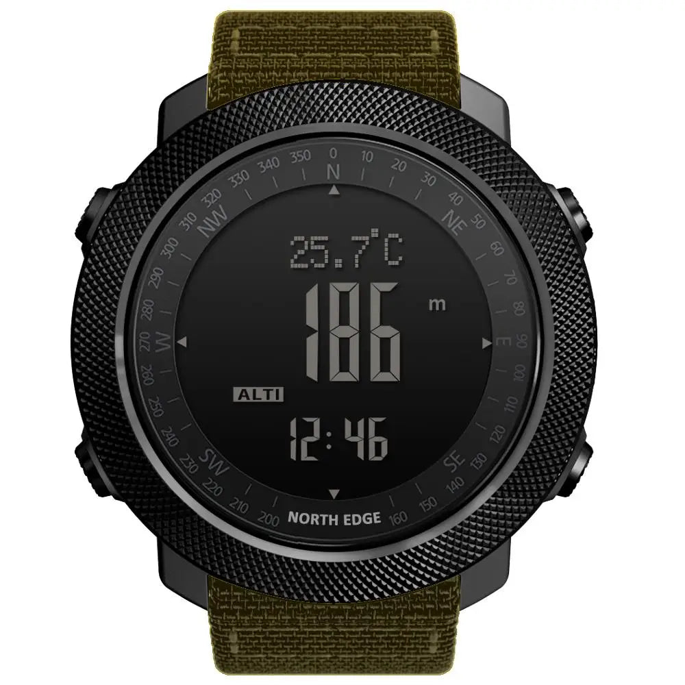 Relógio esportivo digital masculino NORTH EDGE com horímetro, função de corrida e natação, estilo militar, altímetro, barômetro e bússola, à prova d'água até 50 metros.