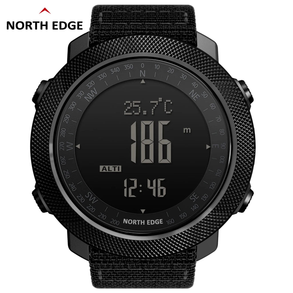 Relógio esportivo digital masculino NORTH EDGE com horímetro, função de corrida e natação, estilo militar, altímetro, barômetro e bússola, à prova d'água até 50 metros.