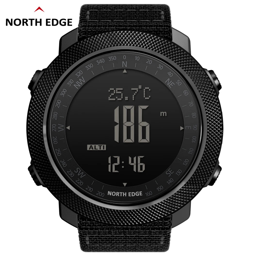 Relógio esportivo digital masculino NORTH EDGE com horímetro, função de corrida e natação, estilo militar, altímetro, barômetro e bússola, à prova d'água até 50 metros.